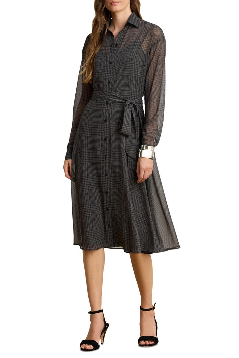 Plaid Belted Chiffon Midi Shirtdress, Main, color, GREY