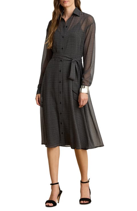 Plaid Belted Chiffon Midi Shirtdress