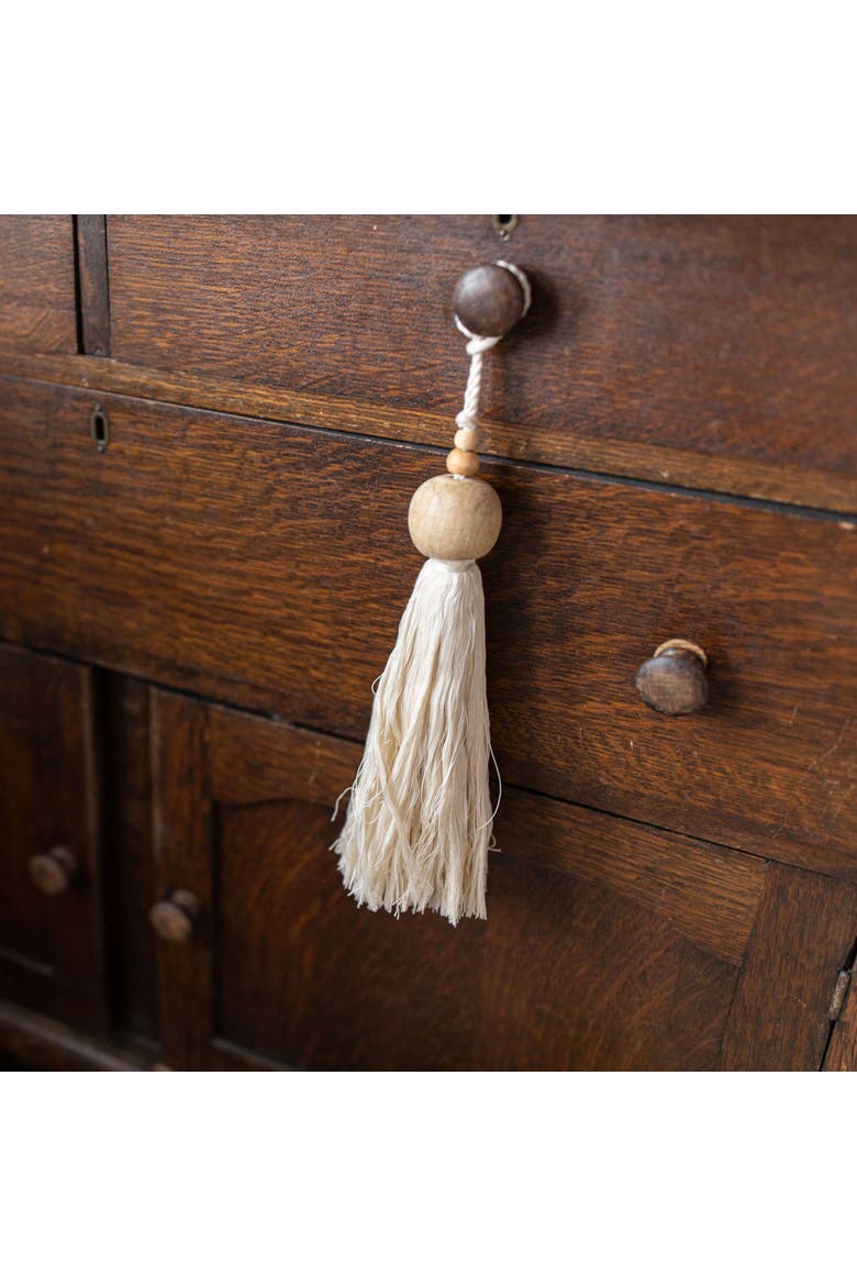 Beaded Cap Tassel White Cotton & Wood, Alternate, color, White