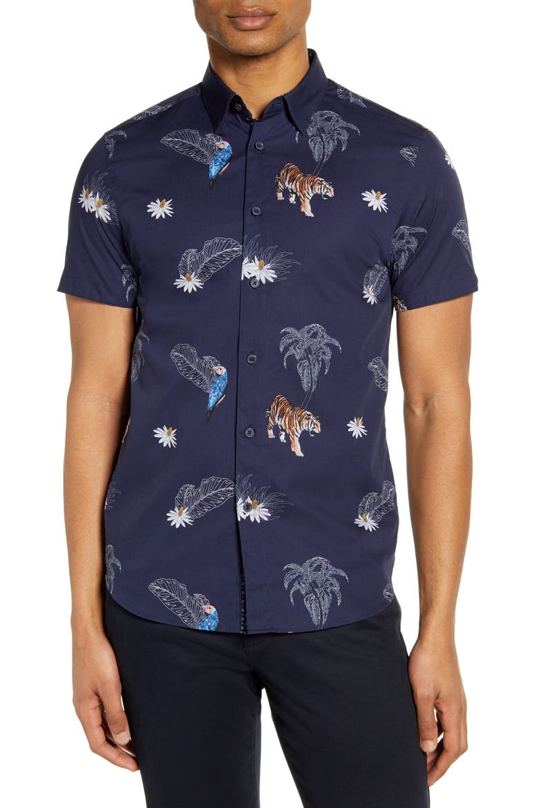 Bold Animal Print Slim Fit Short Sleeve Button-Up Shirt, Main, color, NAVY