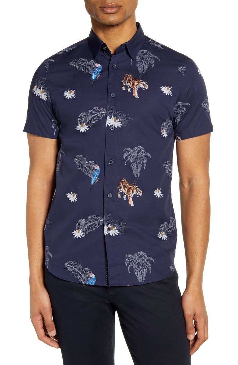 Ted Baker London Bold Animal Print Slim Fit Short Sleeve Button-Up Shirt, Main, color, 