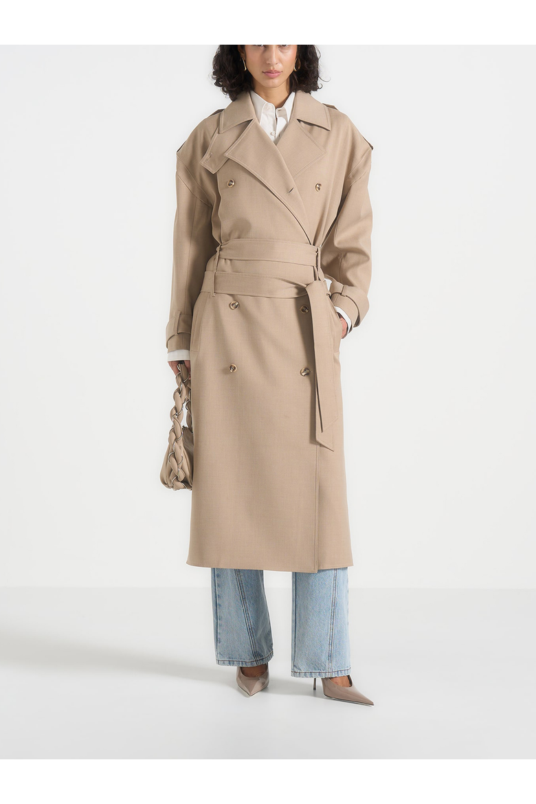 Esther Double Belted Funnel Neck Trench Coat, Main, color, Taupe