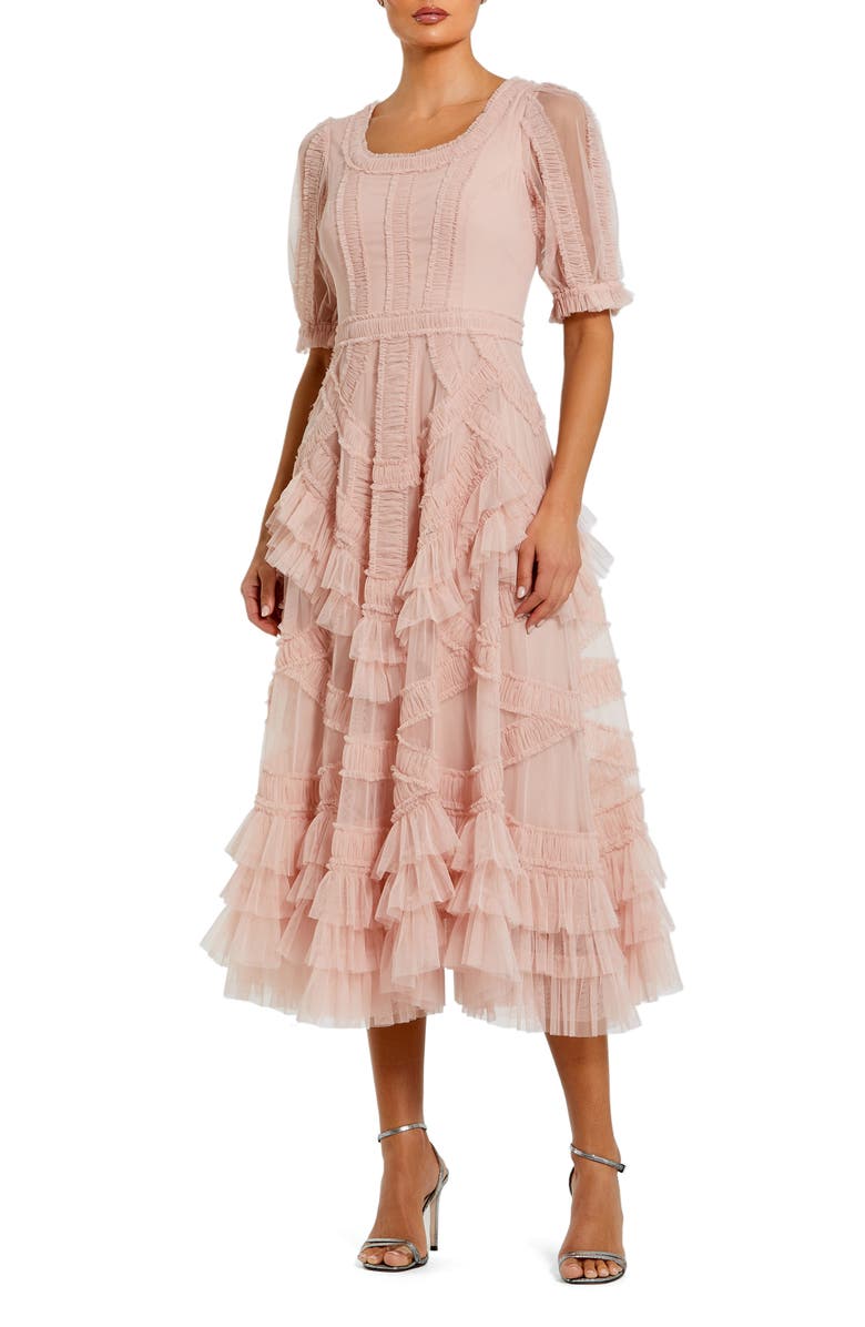 Mac Duggal Women's Short Sleeve Mesh Mirco Ruffle Midi Dress, Main, color, Porcelain