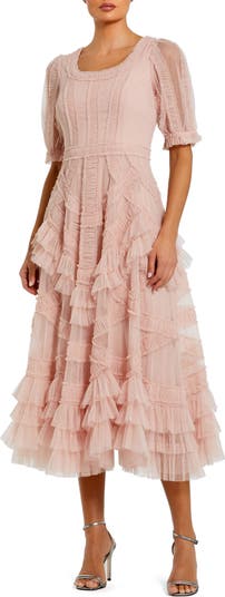 【Mac Duggal】ショートスリーブ メッシュ Mirco ラッフルミディ Mac Duggal Women's Short Sleeve Mesh Mirco Ruffle Midi Dress