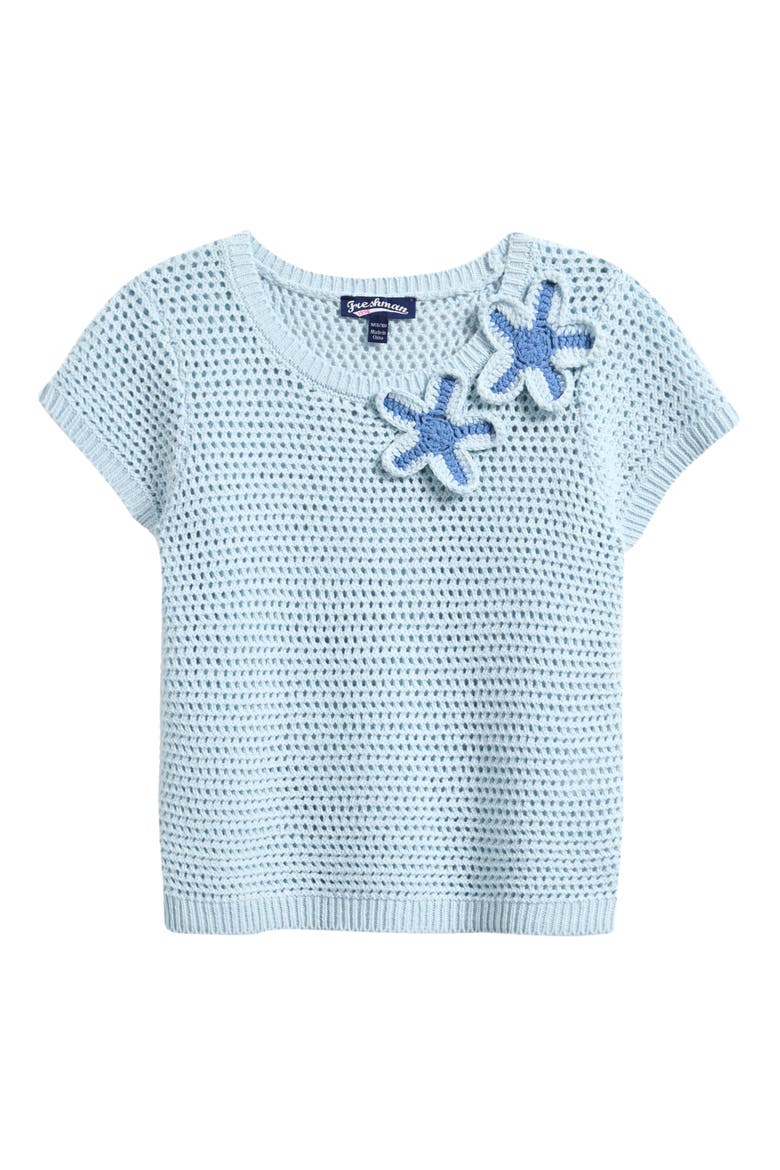 Floral Appliqué Cotton Blend Crochet Open Stitch Top, Main, color, BLUE COMBO