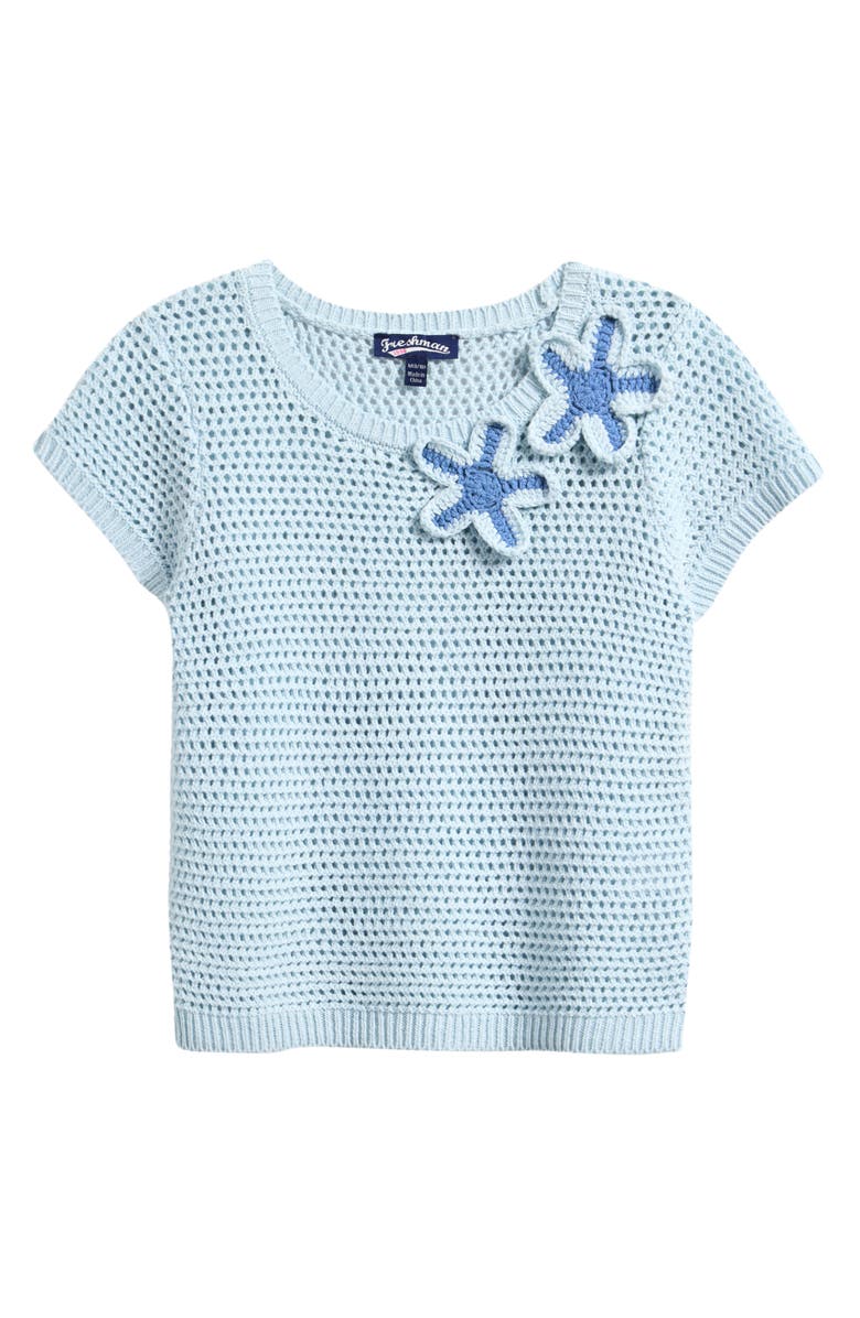 Freshman Floral Appliqué Cotton Blend Crochet Open Stitch Top, Main, color, Blue Combo