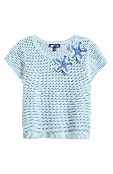 Floral Appliqué Cotton Blend Crochet Open Stitch Top (Big Kid)