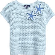 Freshman Floral Appliqué Cotton Blend Crochet Open Stitch Top