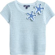 Freshman Floral Appliqué Cotton Blend Crochet Open Stitch Top