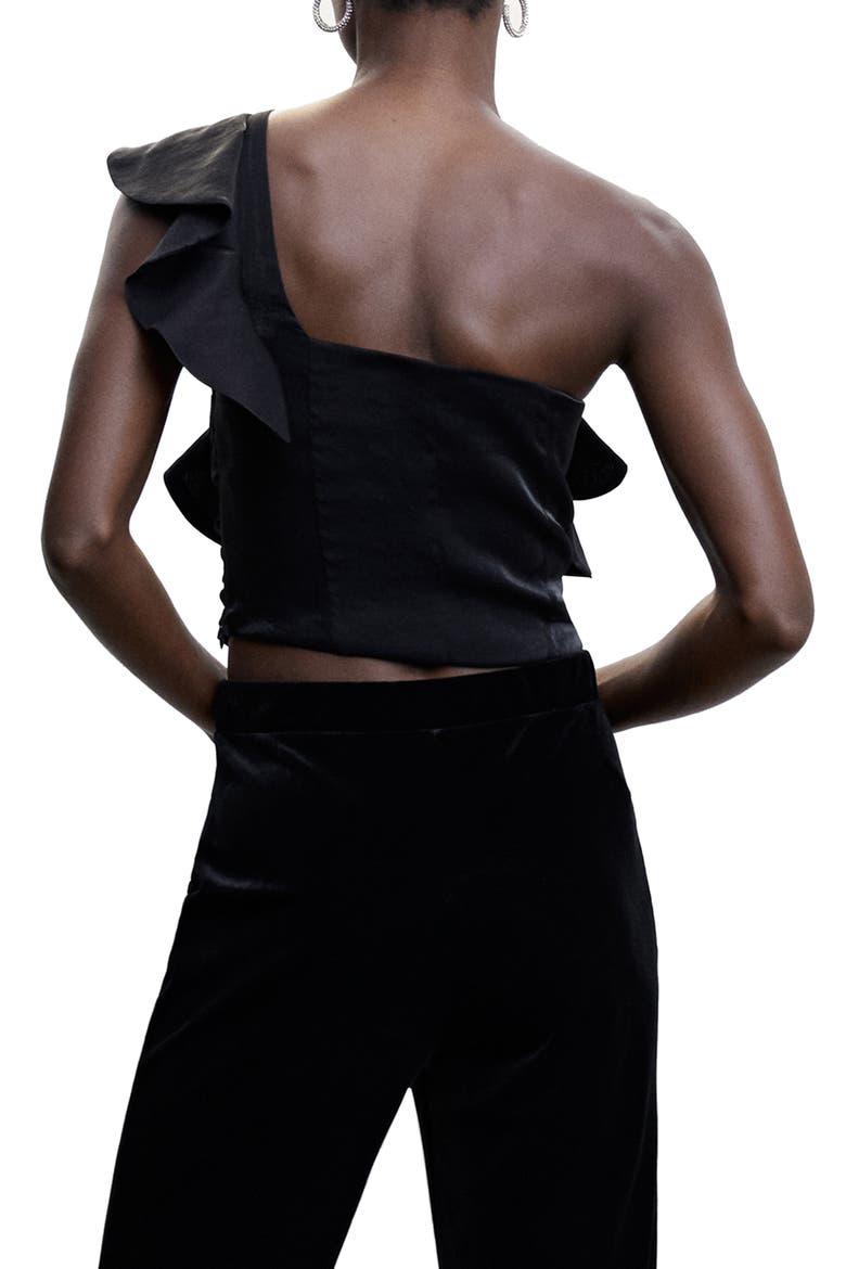 Asymmetric Ruffle One-Shoulder Satin Blouse, Alternate, color, BLACK
