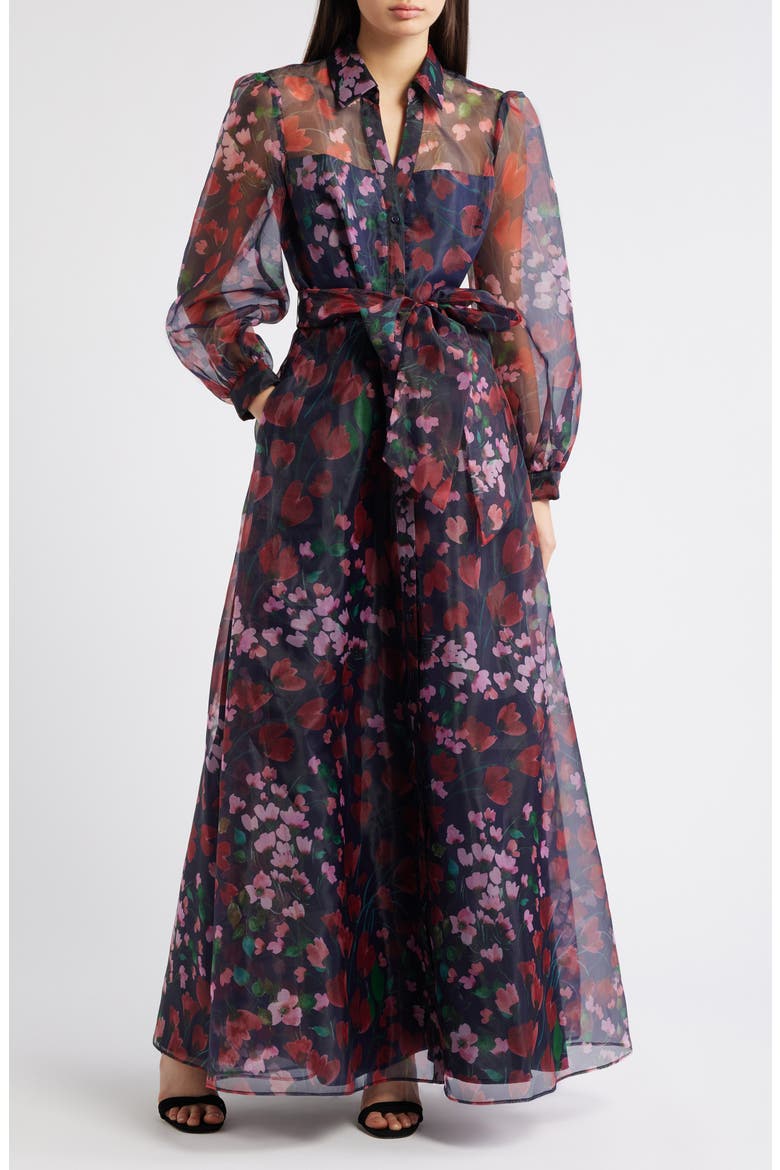 organza maxi shirt dress Floral Organza Jacquard Shirt Dress with Full Maxi Skirt & Sash