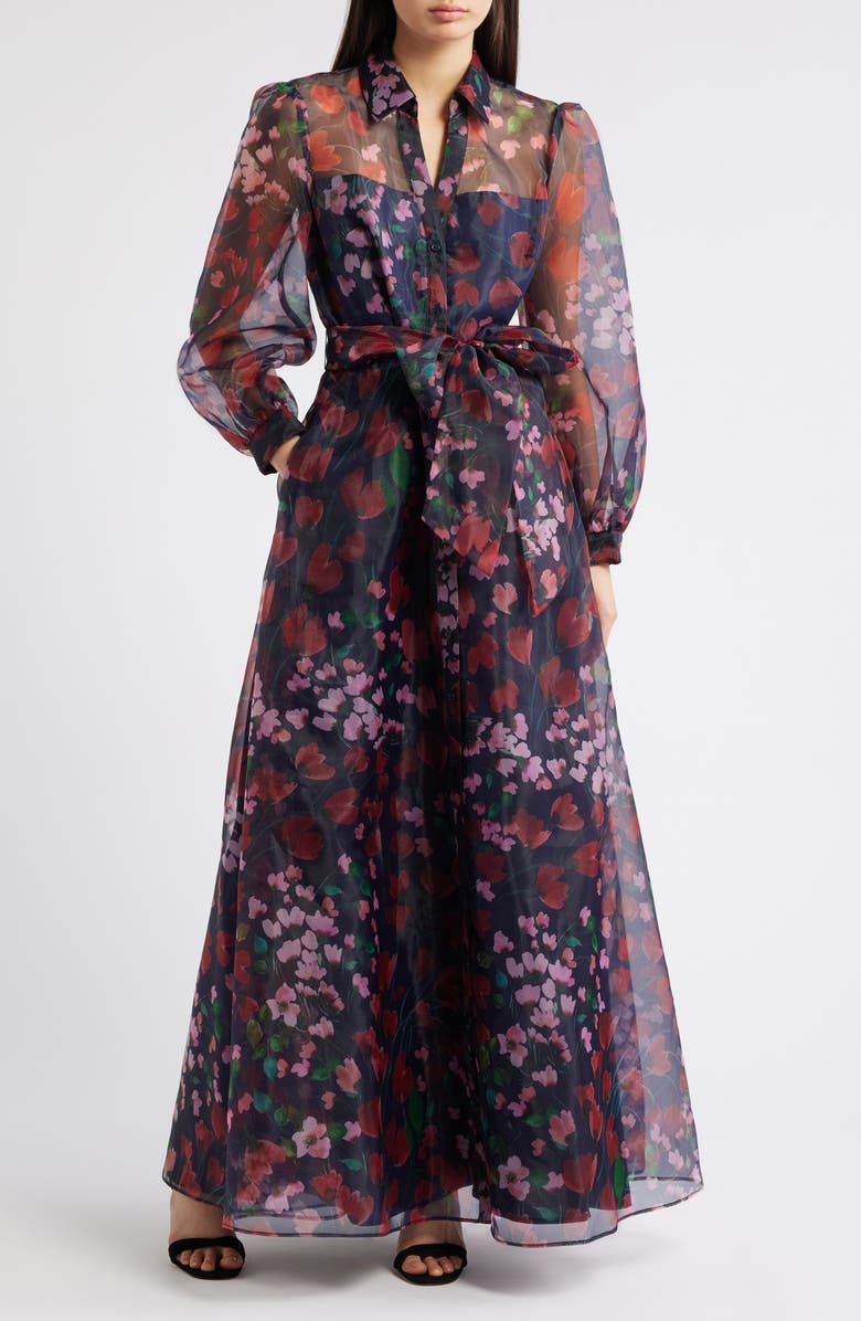 Julia Jordan Floral Long Sleeve Organza Shirtdress Gown, Main, color, Navy Multi