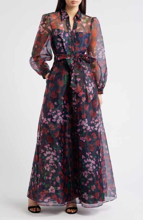 Floral Long Sleeve Organza Shirtdress Gown