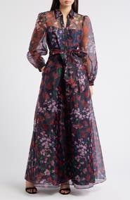Julia Jordan Floral Long Sleeve Organza Shirtdress Gown