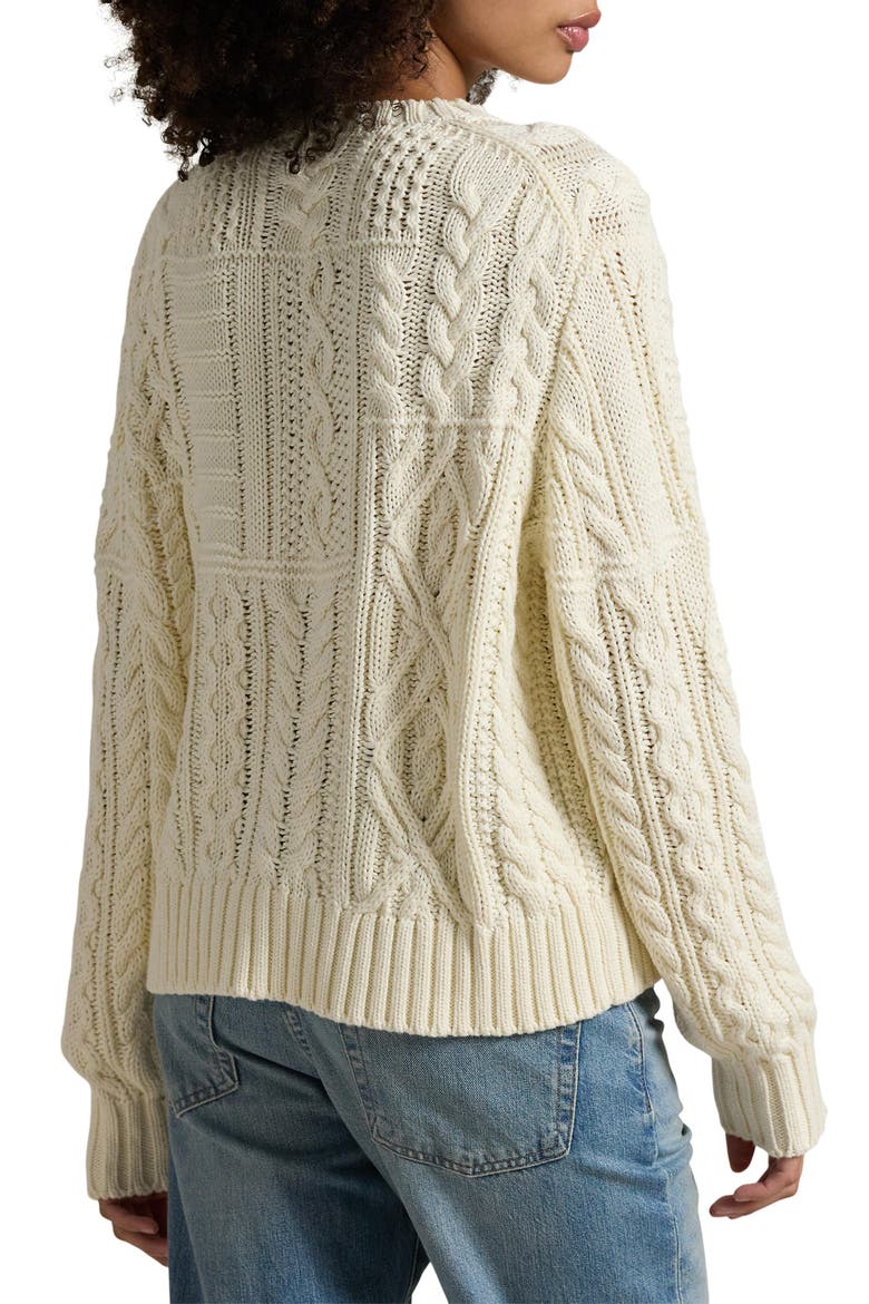 Aran Stitch American Flag Cotton Crewneck Sweater, Alternate, color, CREAM