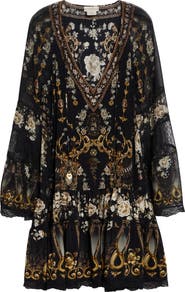 Camilla Flamenco Folklore Print Long Sleeve Tiered Ruffle Silk Minidress