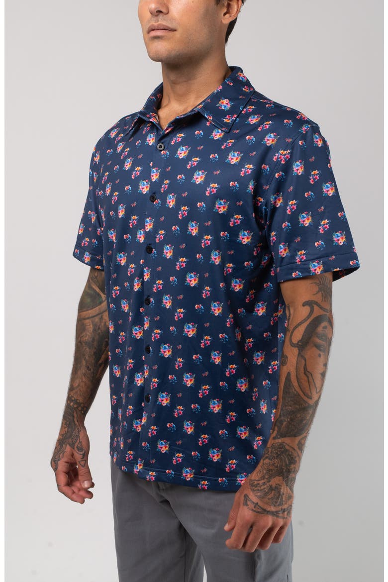 Aqua Terra Multi Floral Tech Short Sleeve Performance Button-Up Shirt, Alternate, color, NAVY MULTI