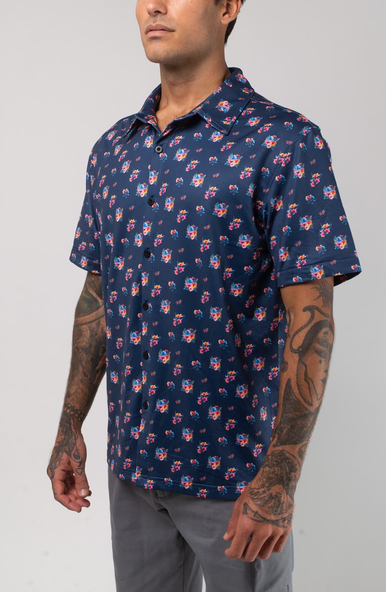 VAST Aqua Terra Multi Floral Tech Short Sleeve Performance Button-Up Shirt, Alternate, color, Navy Multi