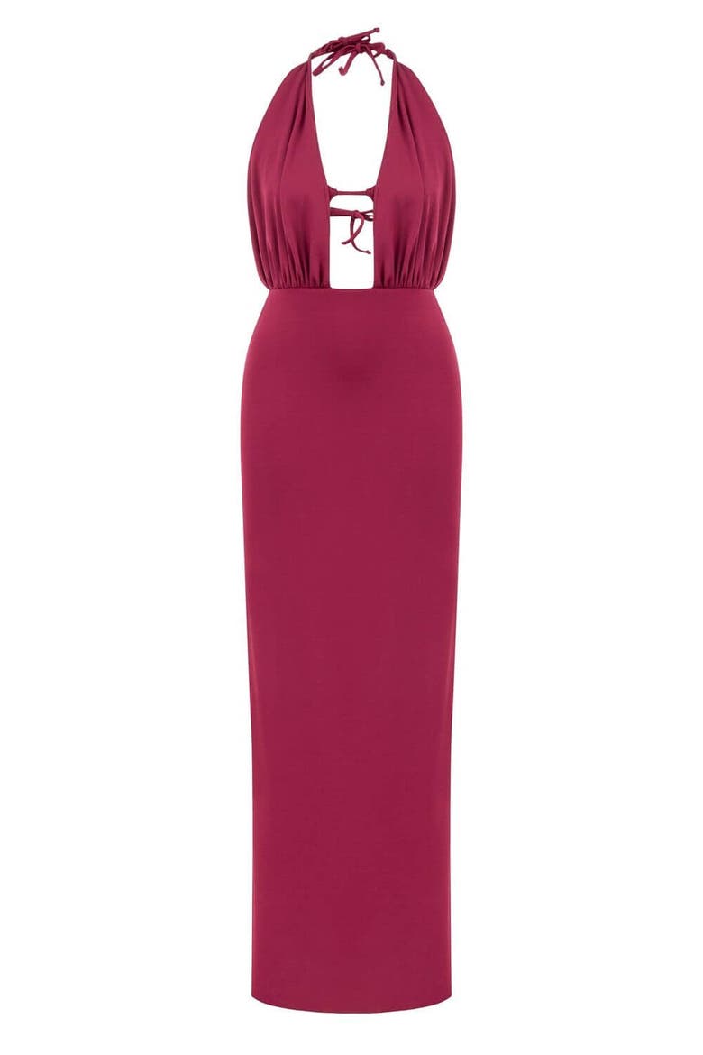 Siena Denim Maxi Dress - Elegant Halter Neck Cut-Out, Main, color, Vivid Magenta