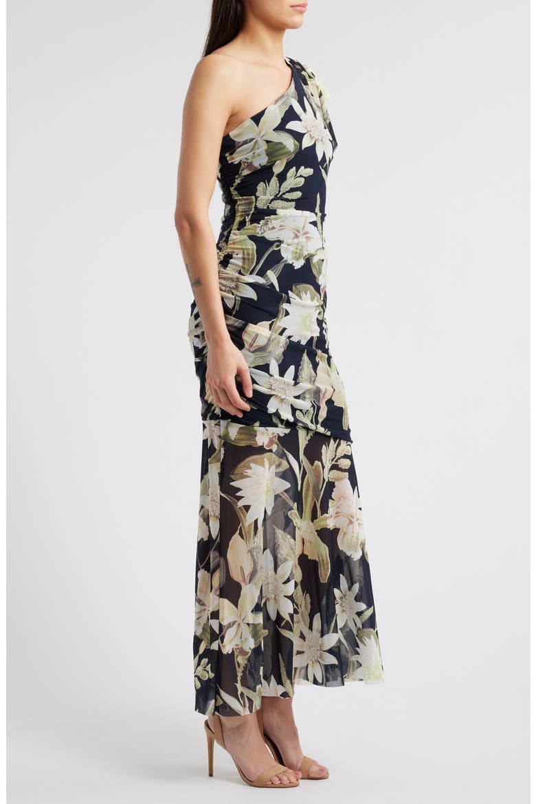 Drape Ruffle One-Shoulder Maxi Dress, Alternate, color, NAVY- GREEN ISLAND FLORAL