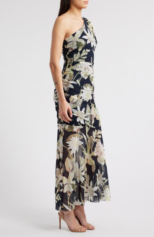 Chelsea28 Drape Ruffle One-shoulder Maxi Dress In Navy- Green Island Floral