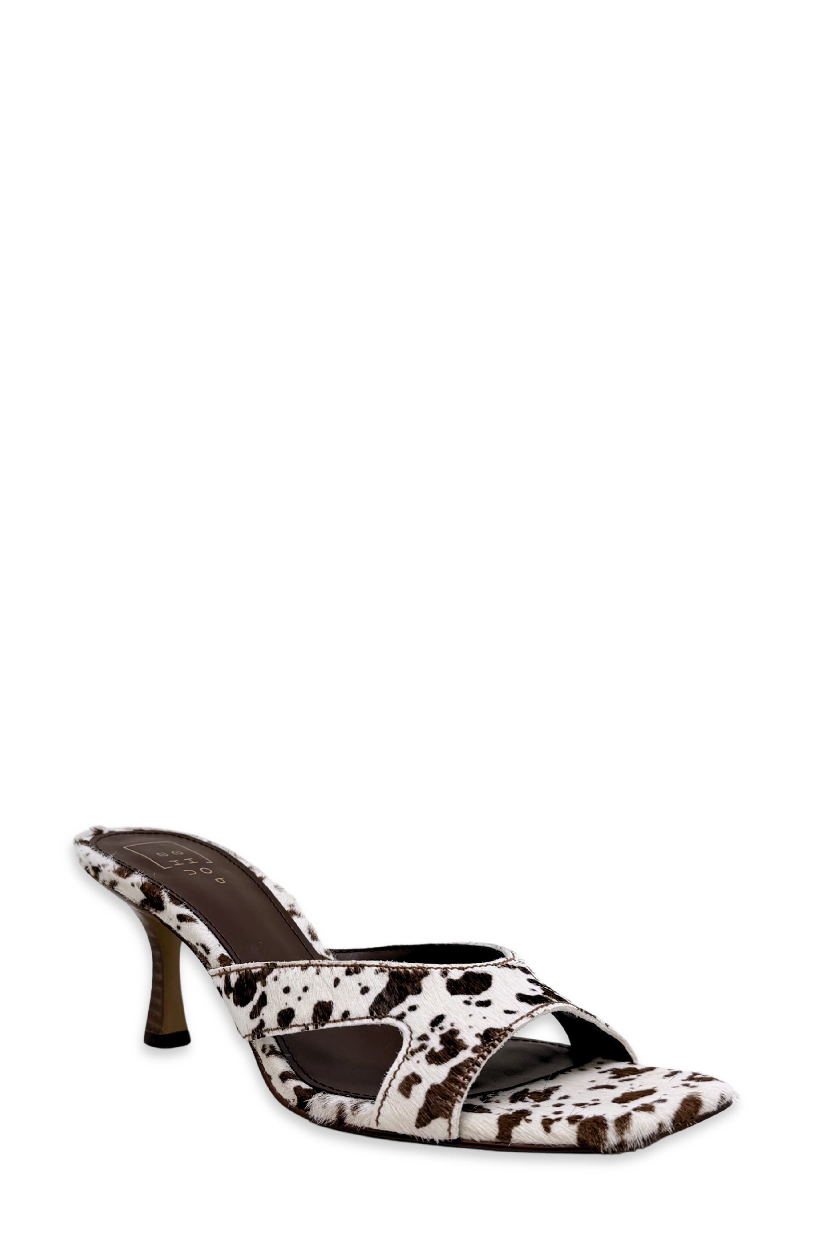 Fargo Slide Sandal, Main, color, COW PRINT CALF HAIR