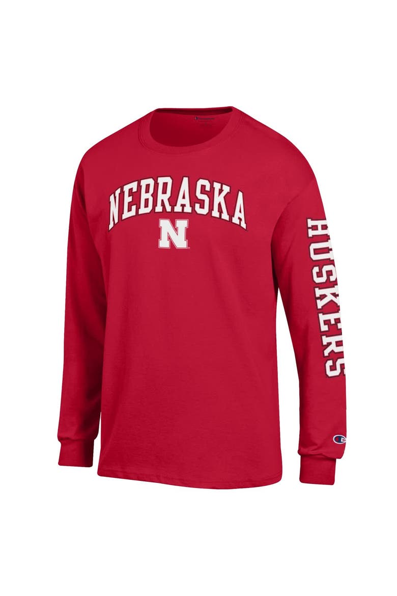 Men's Champion  Scarlet Nebraska Huskers Arch Over Logo 2-Hit Long Sleeve T-Shirt, Alternate, color, Scarlet