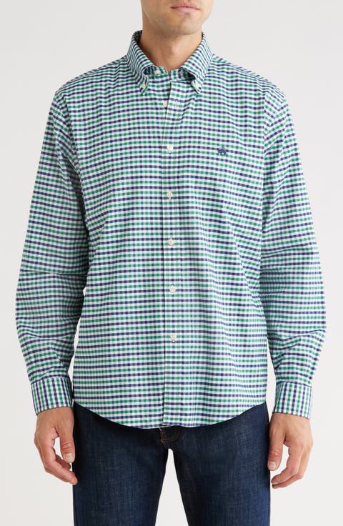 Regular Fit Gingham Non-Iron Stretch Cotton Oxford Button-Down Shirt