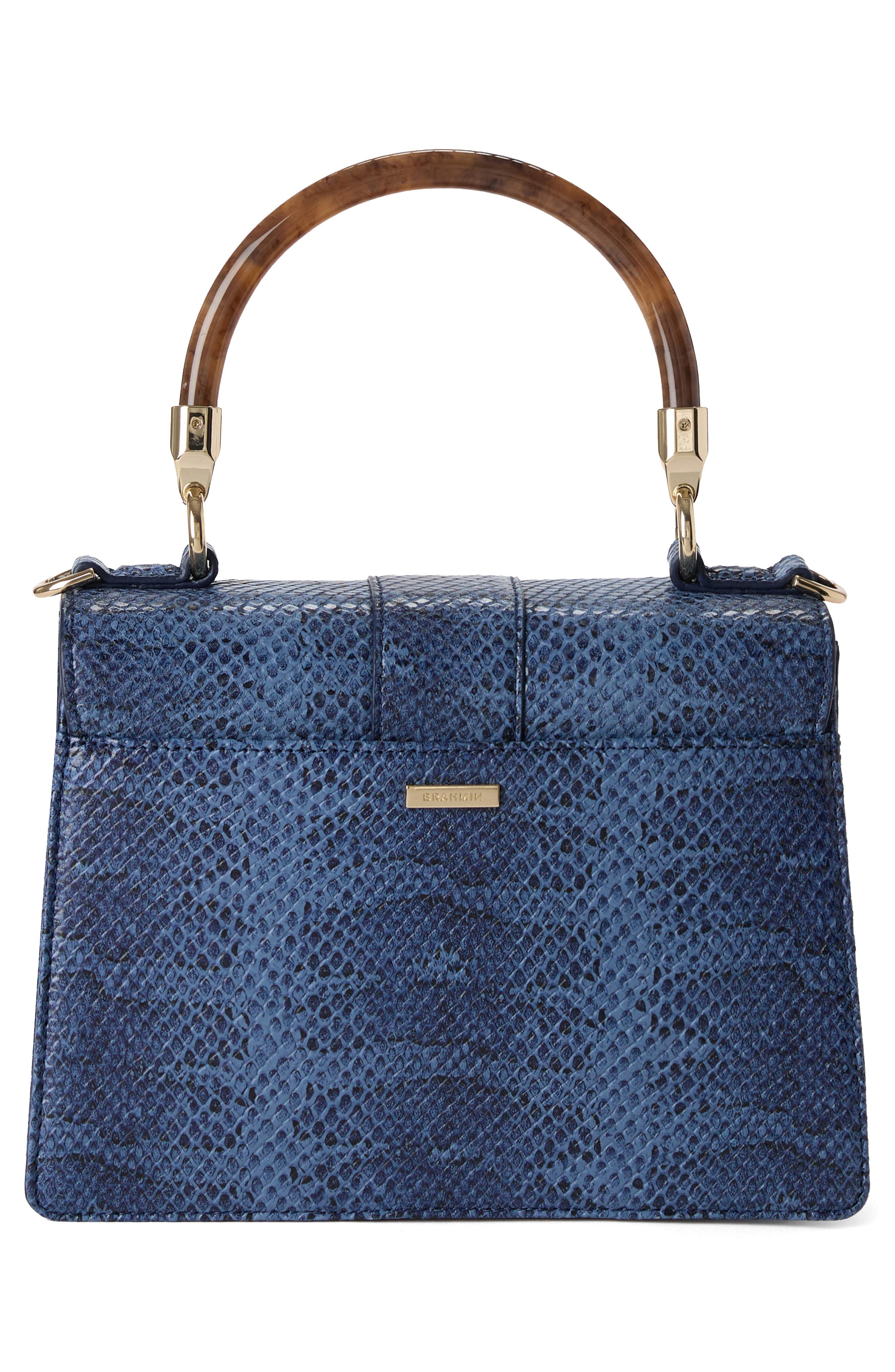 Brahmin Small Hallie Snakeskin Embossed Leather Top Handle Bag, Alternate, color, Navy