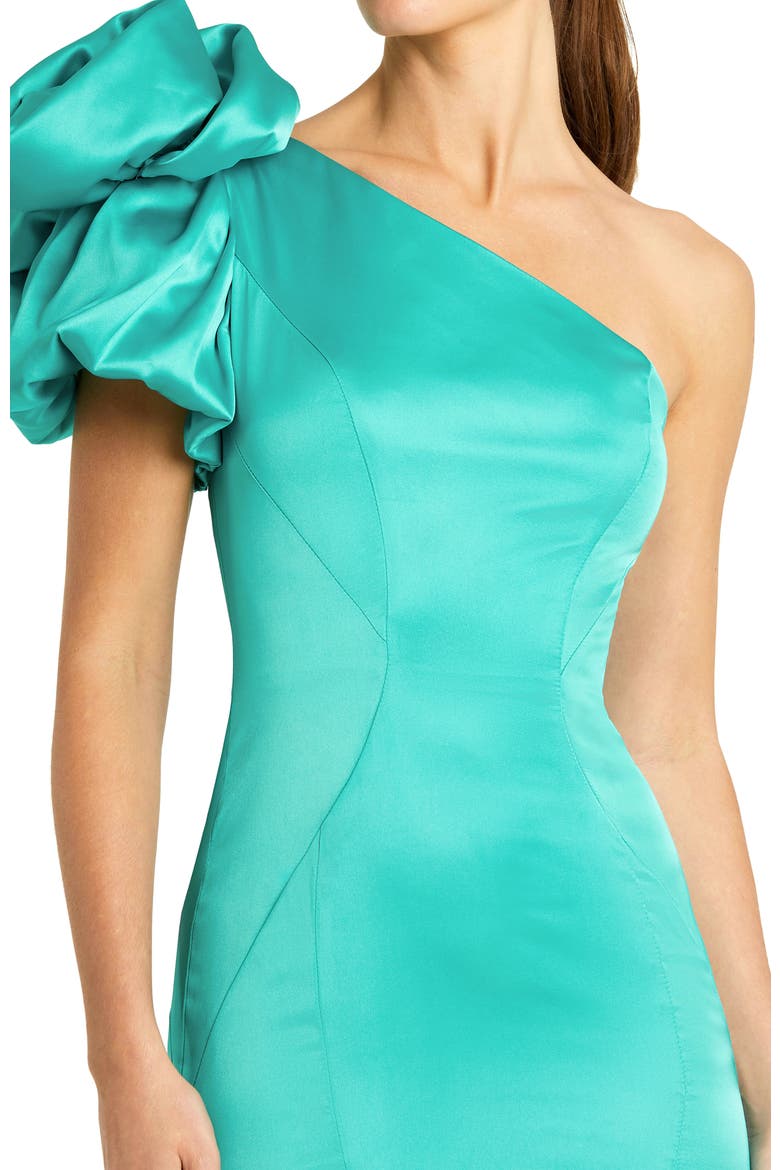 Satin Mermaid Dramatic Rosette One Shoulder Gown, Alternate, color, Teal