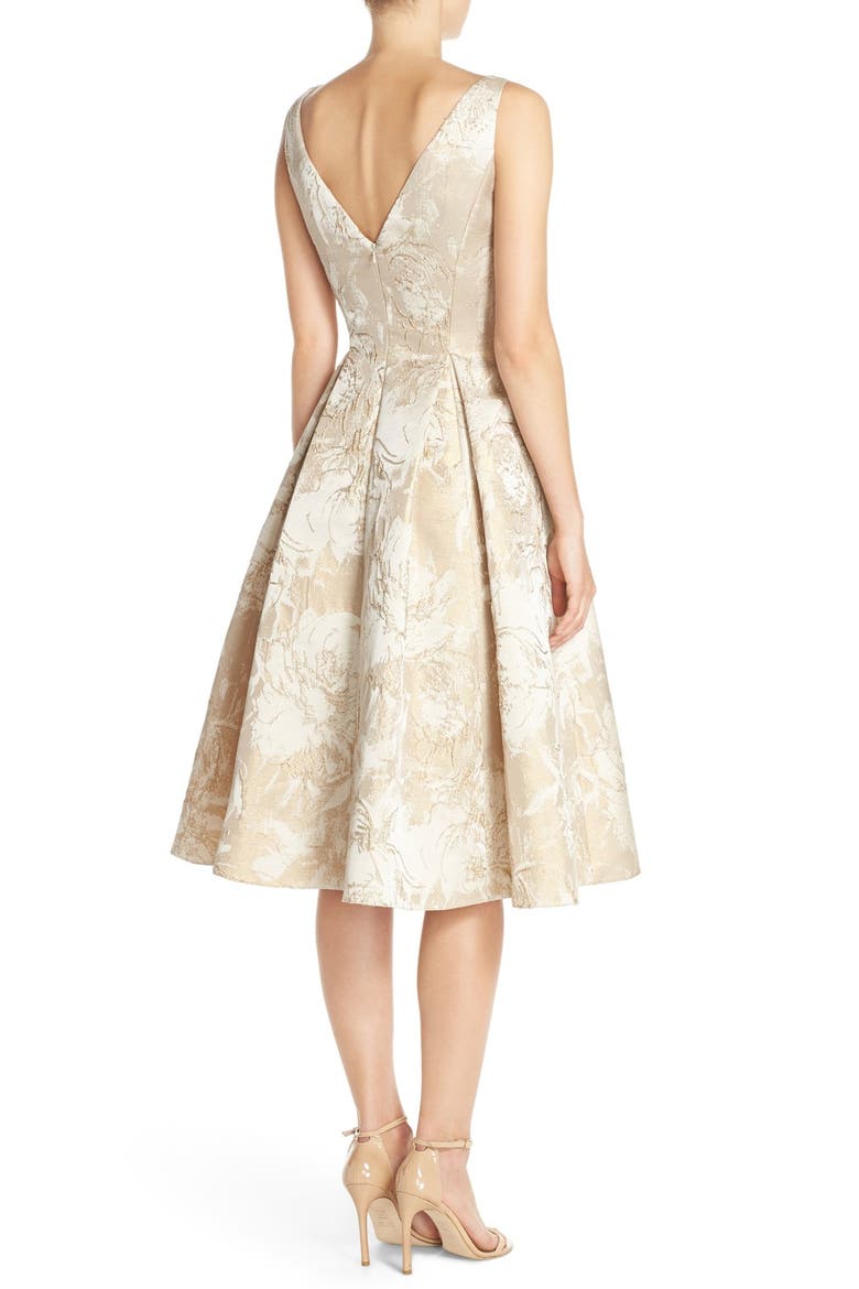 Floral Metallic Jacquard Fit & Flare Dress, Alternate, color, MINK