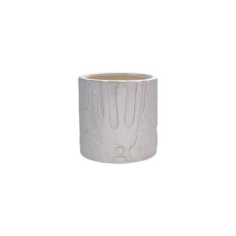 Stoneware Planter with Embossed Design, Cream Color