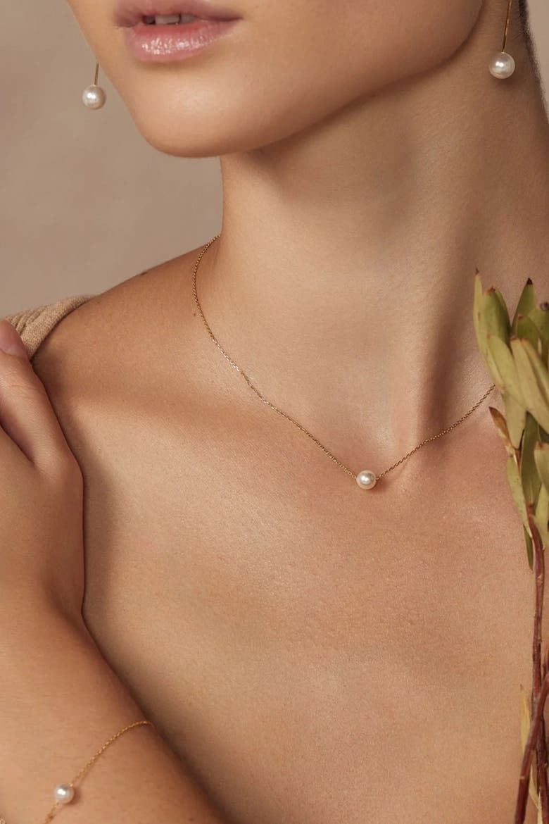 Sterling Silver 18k Gold Plated Abby Single Cultured Pearl Necklace & Dangled Drop Earrings Set Minimalist, Alternate, color, Gold