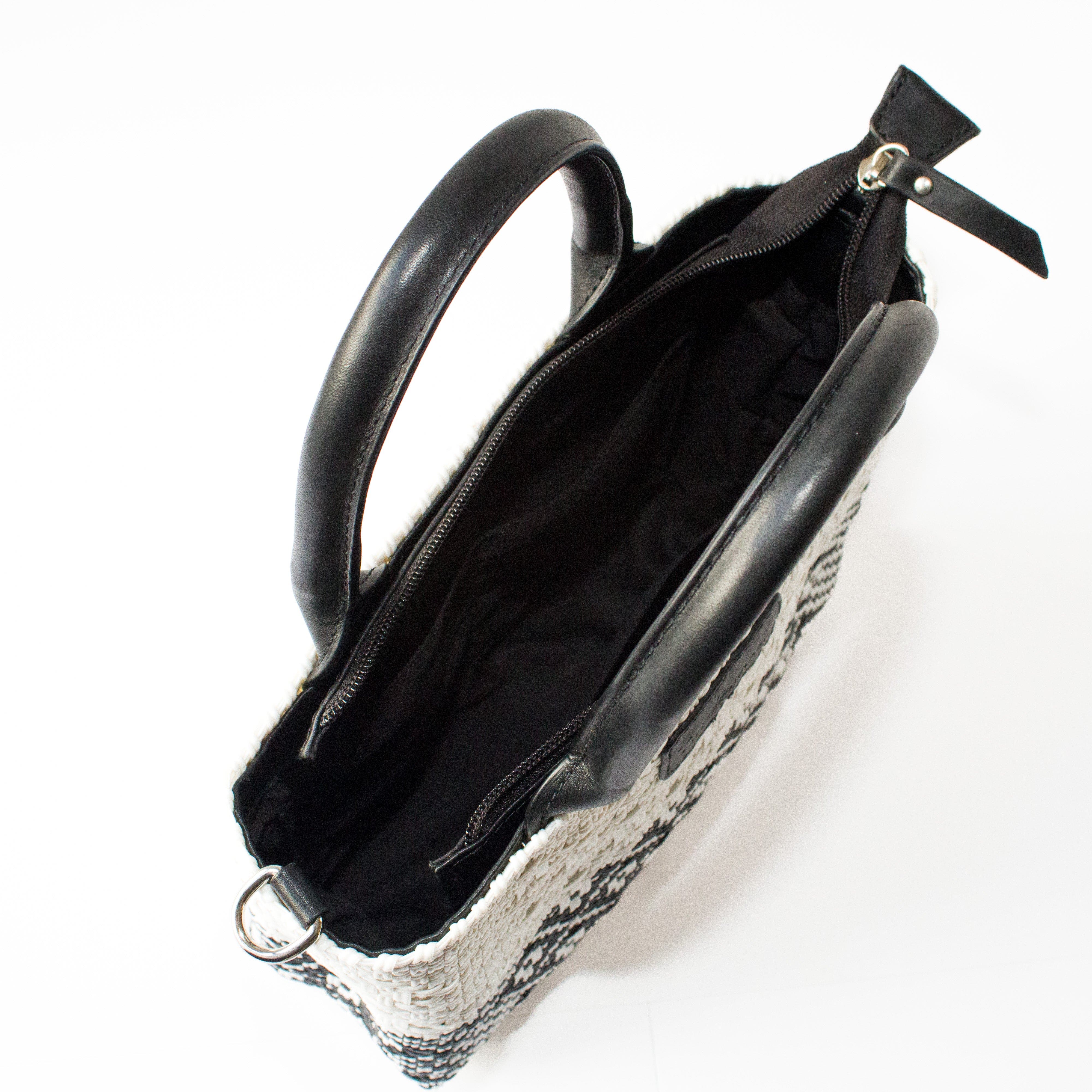 Tin Marin Small Woven Crossbody Bag with Leather, Alternate, color, White 
Black