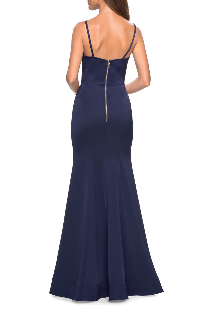 La Femme Fitted Long Dress with Seams and Large Gold Zipper, Alternate, color, Navy