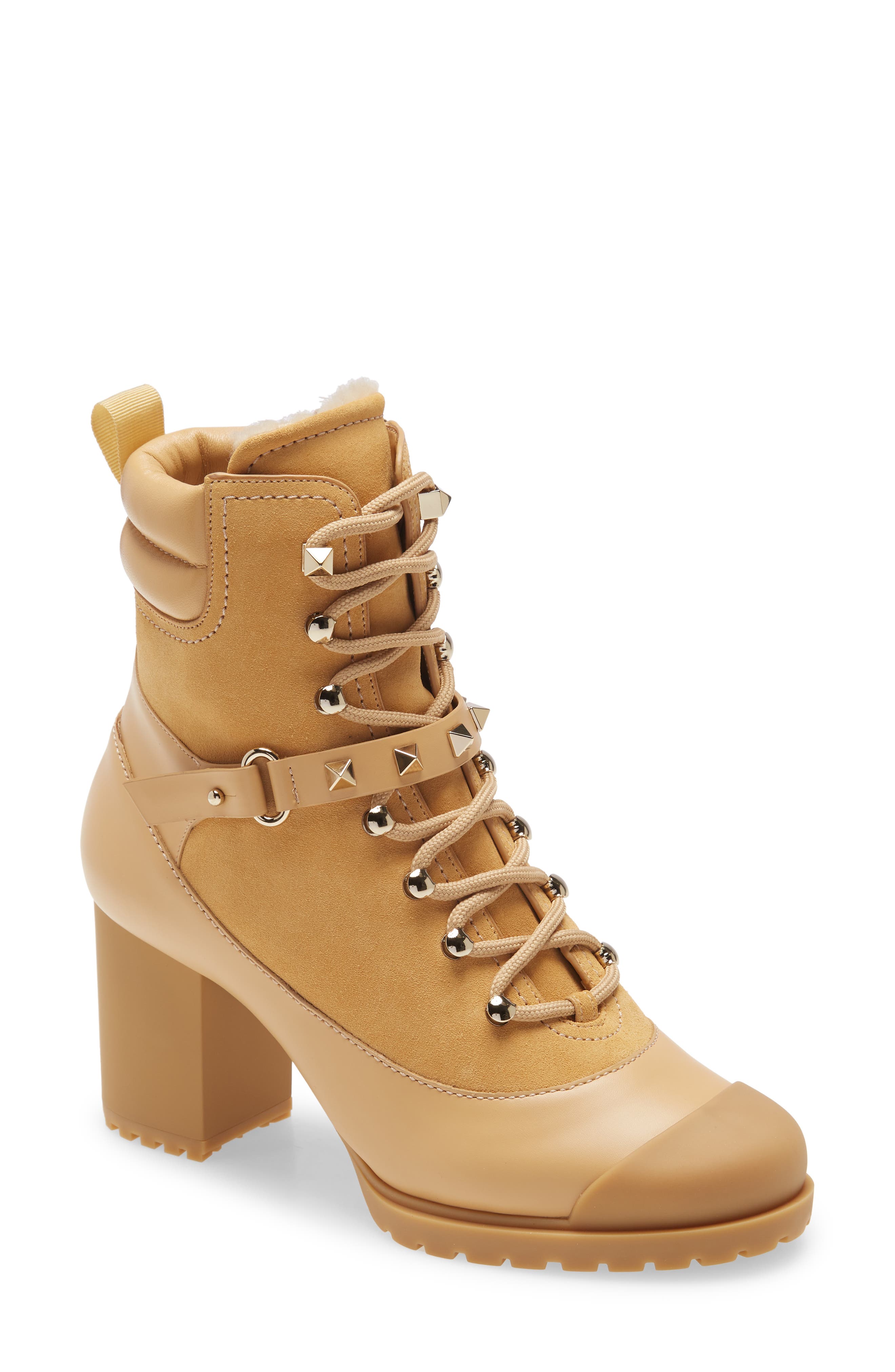 Valentino Garavani Rockstud Genuine Shearling Lined Combat Boot, Main, color, 