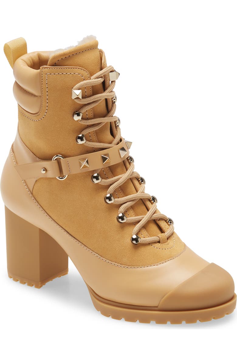 Valentino Garavani Rockstud Genuine Shearling Lined Combat Boot, Main, color,