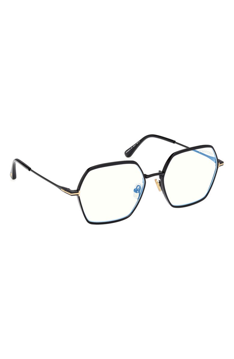 TOM FORD 56mm Geometric Blue Light Blocking Optical Glasses, Alternate, color, Shiny Black/ Blue Block Lenses