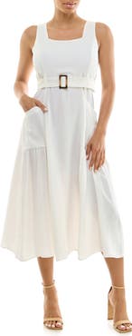 Nina Leonard Square Neck Sleeveless Belted Midi Dress
