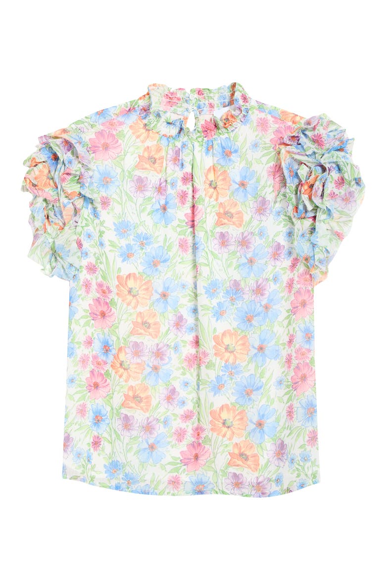 Ezia Brenna Floral Mock Neck Ruffle Sleeve Top, Alternate, color, BLUE-PINK-YELLOW