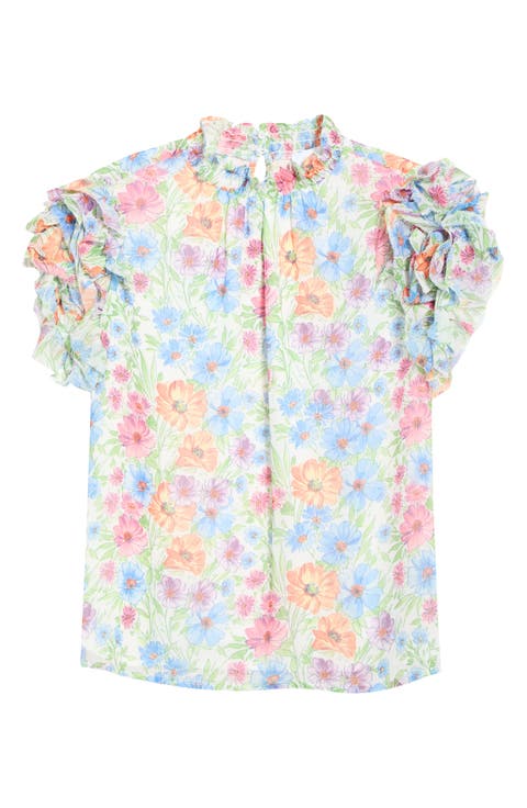 Ezia Brenna Floral Mock Neck Ruffle Sleeve Top