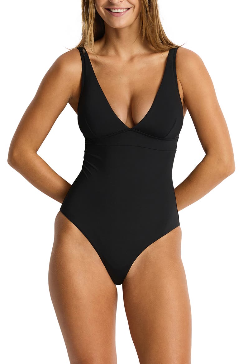 Longline Tie Back One-Piece Swimsuit, Main, color, BLACK