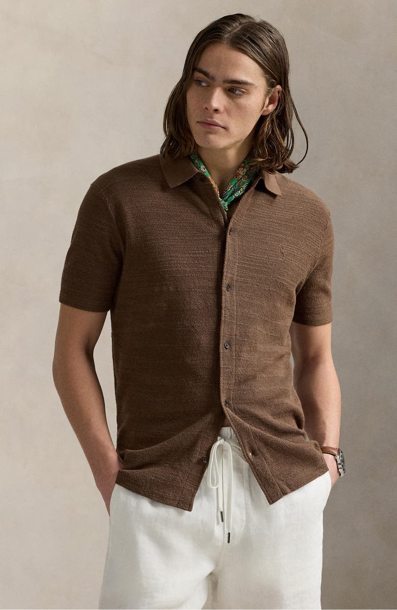 Polo Ralph Lauren Textured Short Sleeve Cotton & Linen Button-Up Shirt, Alternate, color, 