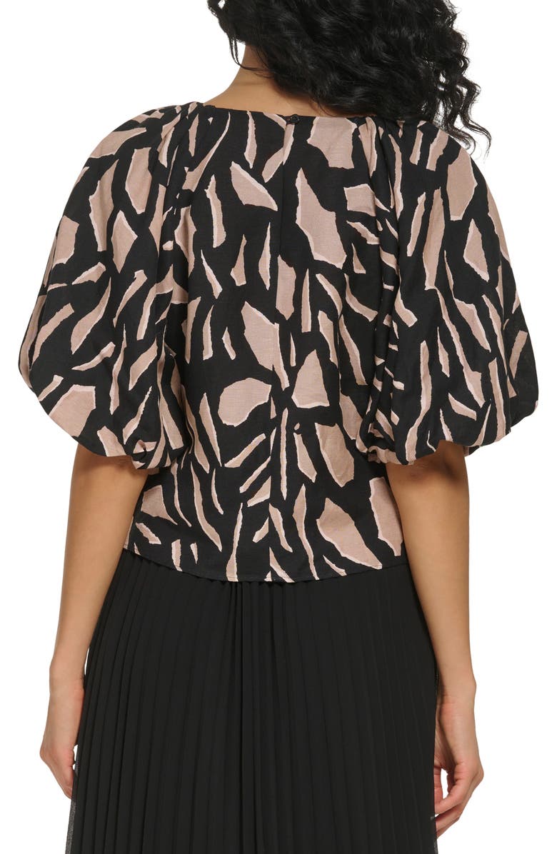 DKNY Abstract Print Puff Sleeve Linen Blend Blouse, Alternate, color,