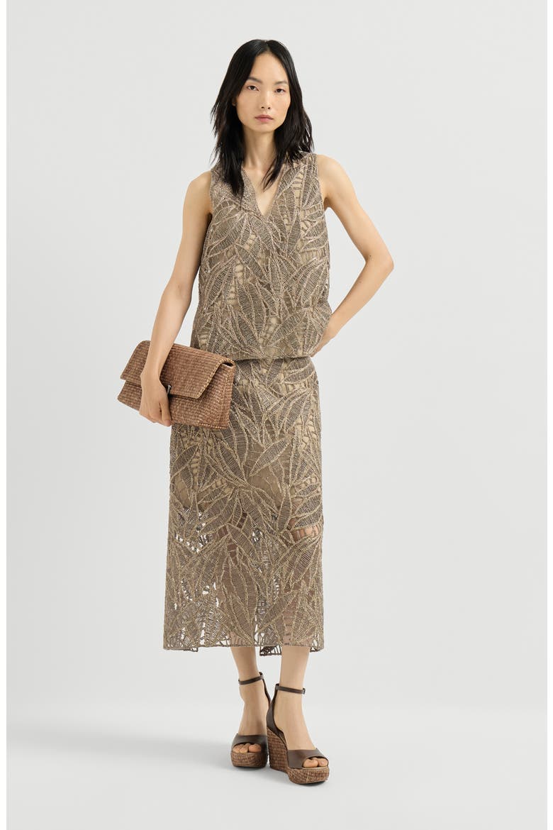 Linen and cotton dazzling cacao leaves embroidery top, Alternate, color, Rope
