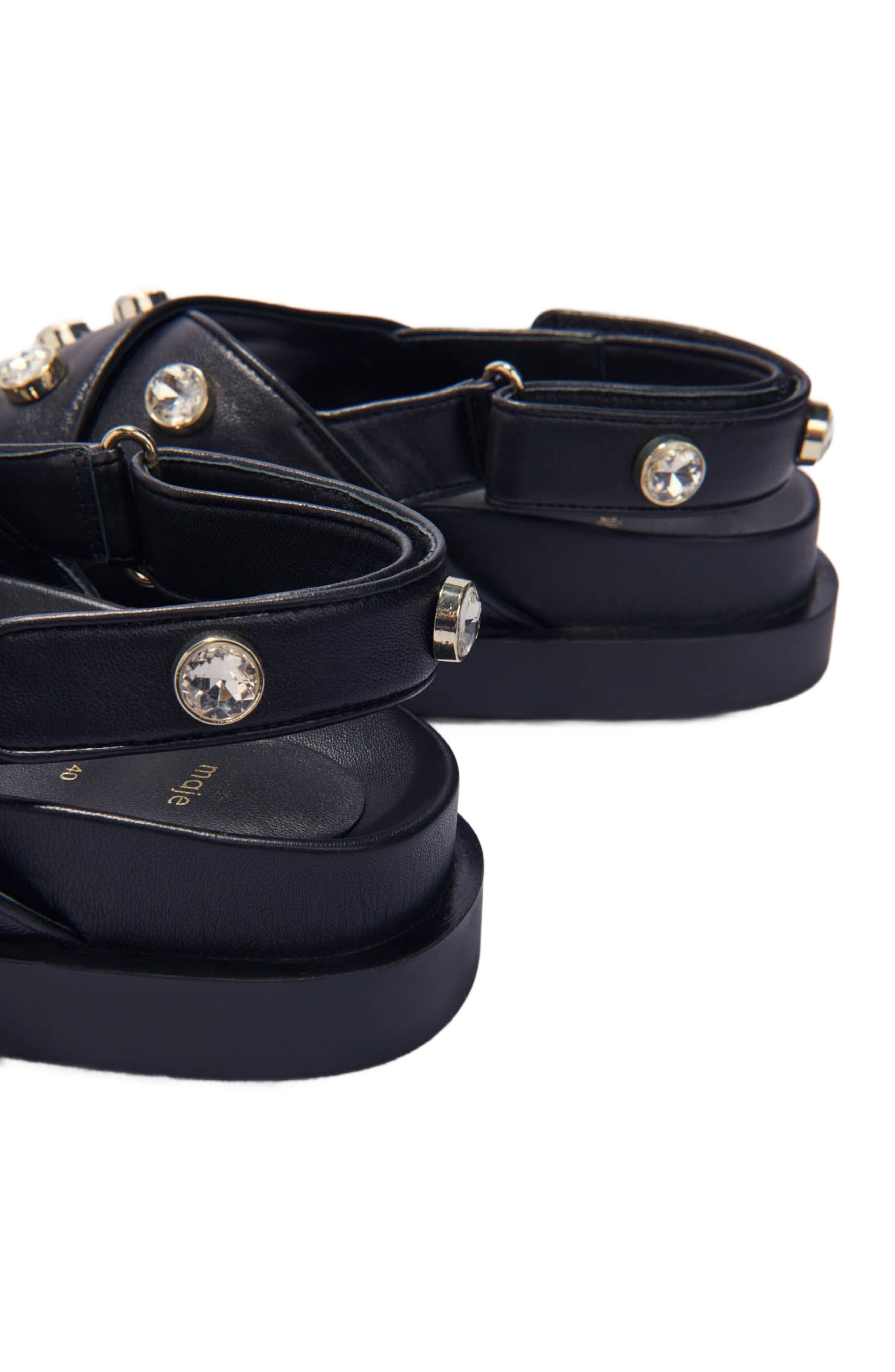 Flat leather and rhinestone sandals, Alternate, color, Black