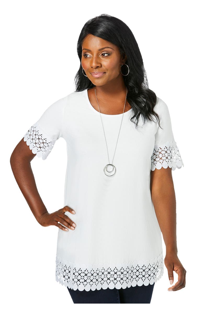 Jessica London Stretch Cotton Crochet Trim Tunic, Main, color, White