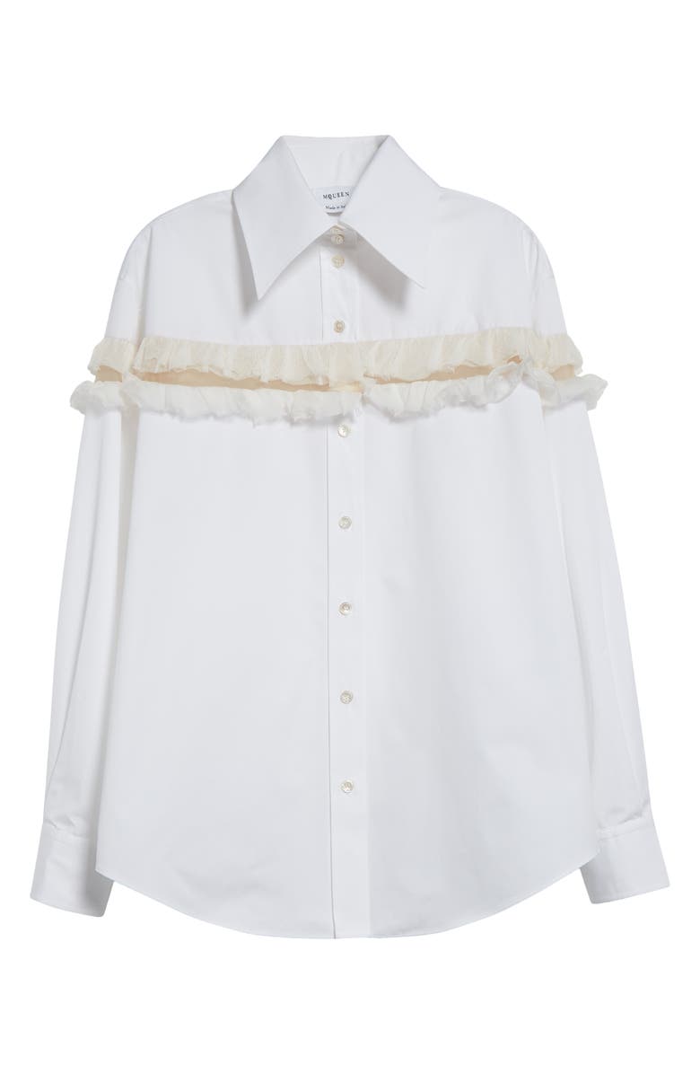 McQueen Ruffle Mesh Inset Cotton Button-Up Shirt, Alternate, color, Optical White