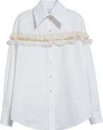 McQueen Ruffle Mesh Inset Cotton Button-Up Shirt
