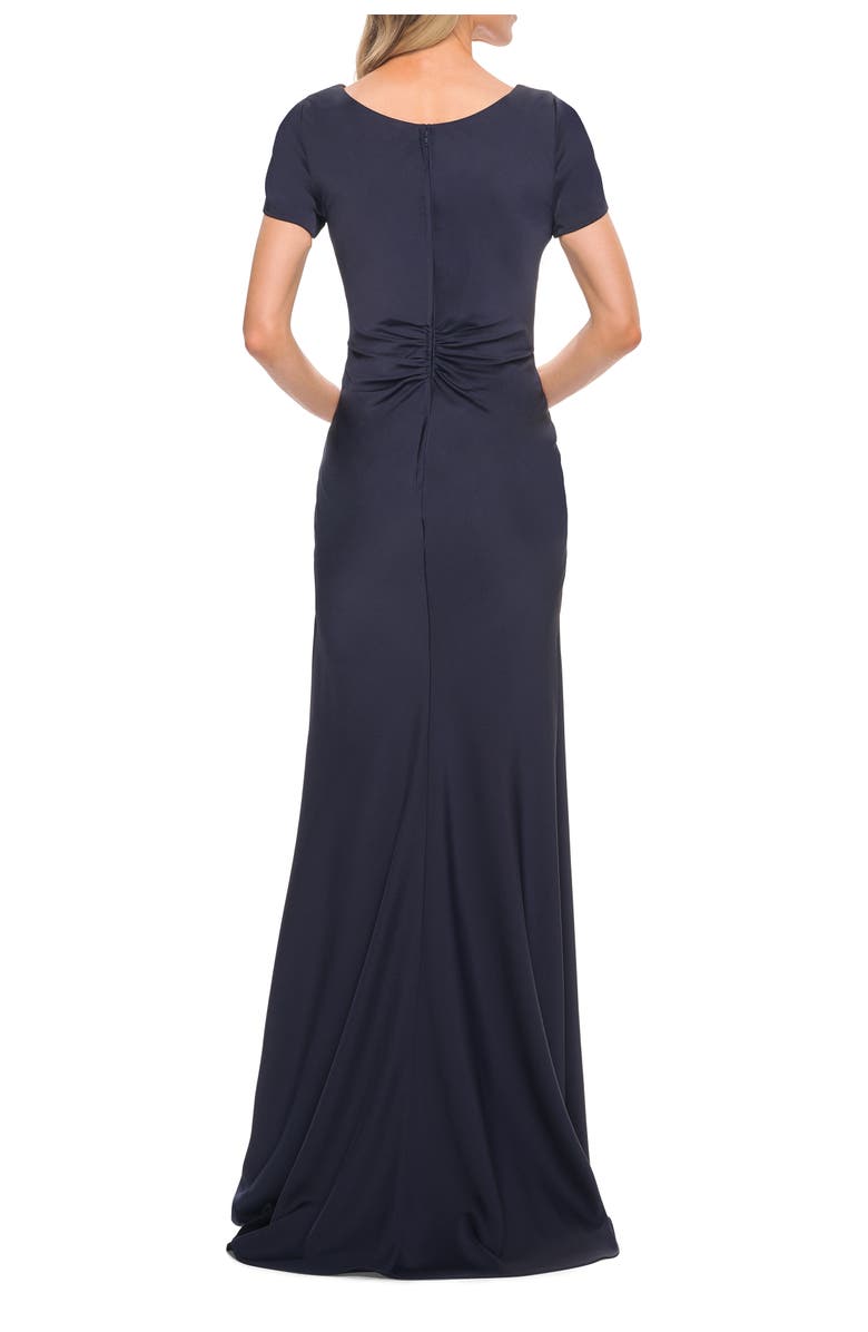 La Femme Elegant Evening Gown with V Neck and Knot, Alternate, color, Navy